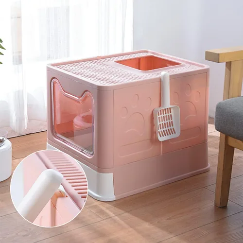 Vista 8 de Caja de arena para gatos, caja de arena plegable grande para gatos con tapa para gatos, estructura de cajón, inodoro y cuchara de arena para gatos