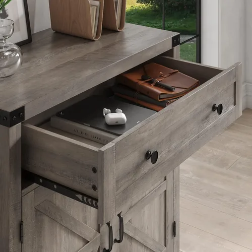 Vista 6 de HOSTACK Armario de almacenamiento de cocina, gabinete de barra de café de granja, gris ceniza Small Buffet Cabinet with Doors & Wide Drawer, Wood