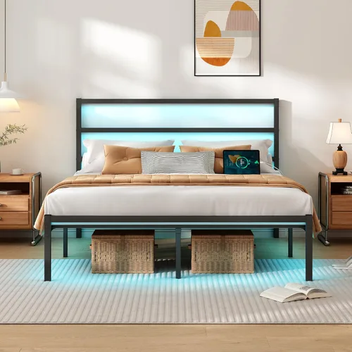 Vista 9 de CLIBFENG Base de cama individual con cabecero, soporte de listones de acero resistente, marco de cama LED con estación de carga USB, base de colchón