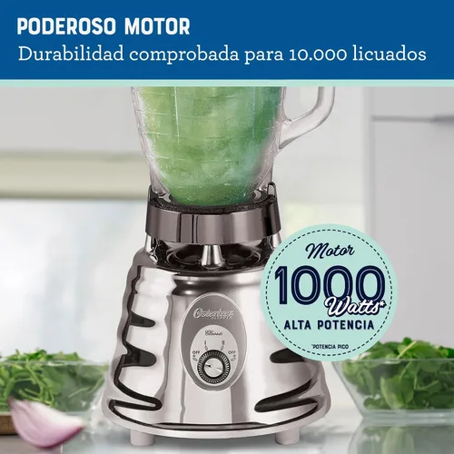 Vista 4 de Oster Mezclador de colmena retro cromado de 500 vatios 2 velocidades con tarro de vidrio de 5 tazas