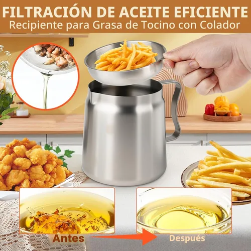 Vista 8 de Recipiente de Filtro de Aceite de 2L para Guardar Grasa de Tocino con Colador, Recipiente de Grasa de Tocino de Acero para Verter de 68oz de Gran