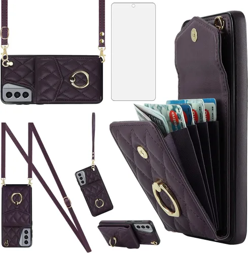 Vista 9 de Funda para teléfono Samsung Galaxy S21 5G de 6.2 pulgadas, funda tipo cartera con protector de pantalla de vidrio templado y correa cruzada