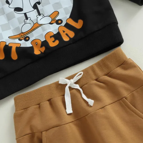 Vista 4 de LZCYILANXIULSL Conjunto de Halloween para bebé niño y niño, sudadera de manga larga con diseño de fantasmacalabaza + pantalones de tablero