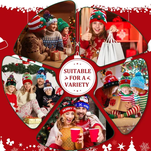 Vista 5 de Vicenpal Paquete de 15 gorros de Navidad con luces LED, gorro de punto con luz de Navidad, gorro de suéter de Navidad, suministros de fiesta