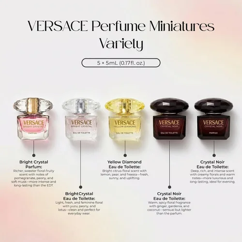 Vista 2 de Versace Set de regalo de perfume para mujer – Mini variedad de salpicaduras, 5 piezas de 0.17 onzas cada una
