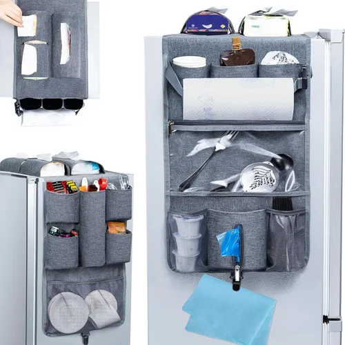 Vista 11 de Mini organizador de nevera, organizador de almacenamiento sobre el refrigerador con 16 bolsillos (65 x 12.5 pulgadas), organizador que ahorra