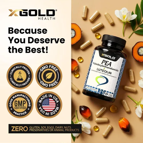 Vista 5 de Palmitoiletanolamida 630 mg + luteolina estandarizada 98% - Guisante micronizado 99% altamente purificado y biodisponible - Hecho en Estados Unidos