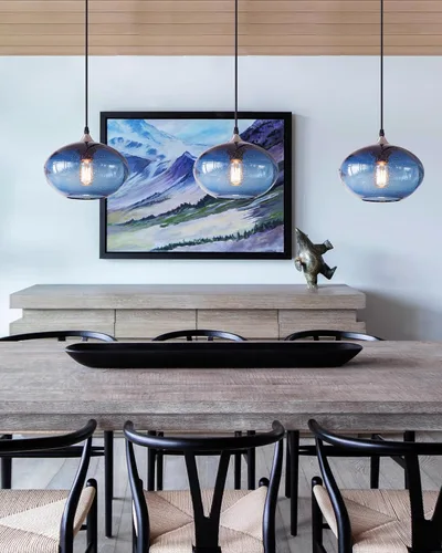 Vista 4 de Iluminación Colgante para Isla de Cocina de Cristal Azul Moderno Lámpara Colgante con Burbujas Texturizadas Sobre Fregadero 9.4 Pulgadas de Diámetro