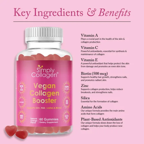 Vista 7 de Simply Collagen® Gomitas de colágeno veganas para mujeres y hombres, colágeno a base de plantas con biotina, vitaminas A, C y E, refuerzo
