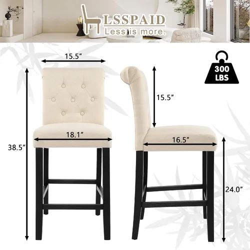 Vista 2 de LSSPAID Juego de 2 taburetes de bar de 24 pulgadas de altura, taburetes de bar tapizados de tela acolchada para isla de cocina con respaldo copetudo