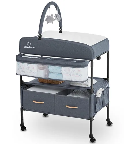 Vista 7 de BabyBond Cambiador portátil para bebé con 2 cestas de almacenamiento, cambiador plegable cómoda cambiador de pañales, estación de cambio ajustable