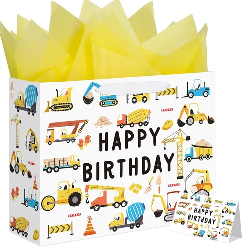 Vista 11 de woric Bolsa de regalo grande de 14.5 pulgadas, bolsas de regalo de cumpleaños azules con papel de seda y tarjeta de felicitación para niños y niñas