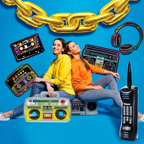 Vista 6 de Zhanmai 26 piezas de decoraciones de fiesta de los años 80 y 90 radio boombox inflable teléfono móvil cadena de globos de papel dorado accesorios