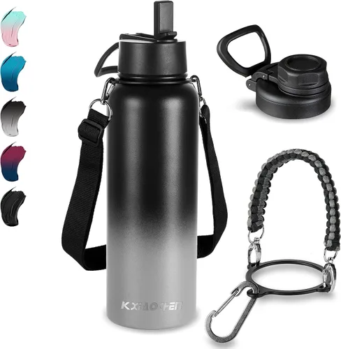 Vista 46 de KXIAOCHEN Botella de agua aislada, botella de agua de acero inoxidable, 2 tapas (con pajilla y tapa con asa), botellas de agua metálicas de boca