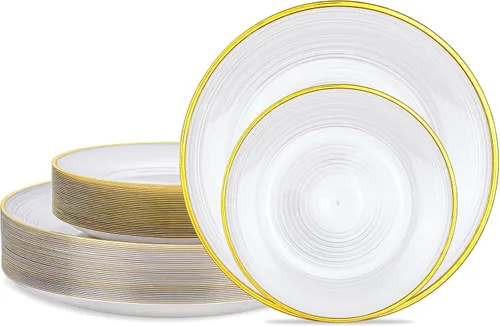 Vista 15 de Morejoy - 60 platos de plástico negro, platos desechables negros con borde dorado Black and Gold Plastic Plates, Modern swirl design Plates