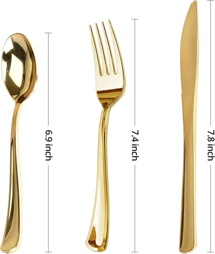 Vista 2 de FORKED - Cuchillos desechables de plástico dorado de 50 piezas, cubiertos de alta resistencia, cuchillos de sopa duraderos y desechables