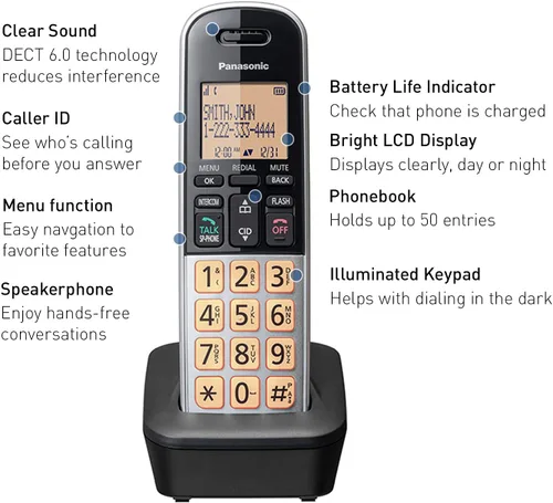 Vista 3 de Teléfono inalámbrico compacto Panasonic con DECT 6.0, LCD ámbar de 1.6" y teclado HS iluminado, bloqueo de llamadas, identificador de llamadas