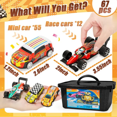Vista 3 de SevenQ Coches de juguete para niños con caja de almacenamiento, 67 unidades de autos de carreras a granel, juguetes de caja del tesoro para el aula