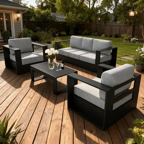 Vista 17 de LayinSun - Juego de muebles de exterior de aluminio de gran tamaño de 5 piezas con mesa auxiliar Negro/Gris oscuro