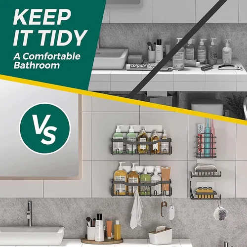 Vista 5 de Organizador de ducha adhesivo para organización de almacenamiento de baño, paquete de 5 estantes de ducha sin taladrar, acero inoxidable