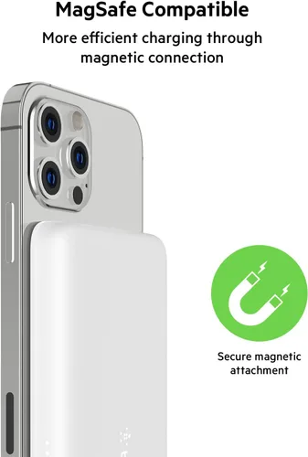 Vista 6 de Belkin Cargador portátil, Cargador MagSafe, Banco de energía inalámbrico - Cargador inalámbrico de 7.5W - Paquete de batería magnético portátil