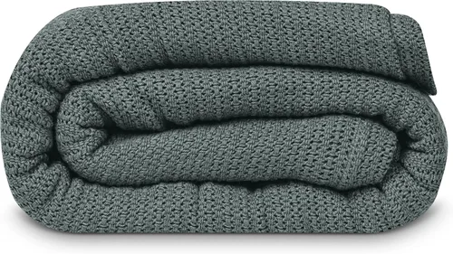 Vista 15 de Linteum Textile Supply Manta de tejido leno azul, tamaño Queen 100% algodón, ligera, cálida, esponjosa, suave y duradera, manta de cama premium
