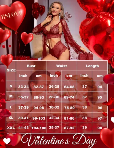Vista 5 de RSLOVE Conjunto de lencería sexy para mujer, 3 piezas, bata de kimono de encaje con brasier y braga transparente para dormir