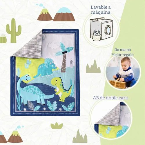 Vista 5 de Juego de ropa de cama para cuna de dinosaurio para niños, color azul, juego de ropa de cama de 3 piezas de alta calidad, juego de cuna de guardería