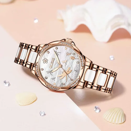Vista 2 de OLEVS Relojes automáticos para mujer, mecánico, esfera de corazón, esfera de corazón, oro rosa, banda de cerámica, impermeable, luminoso, fecha