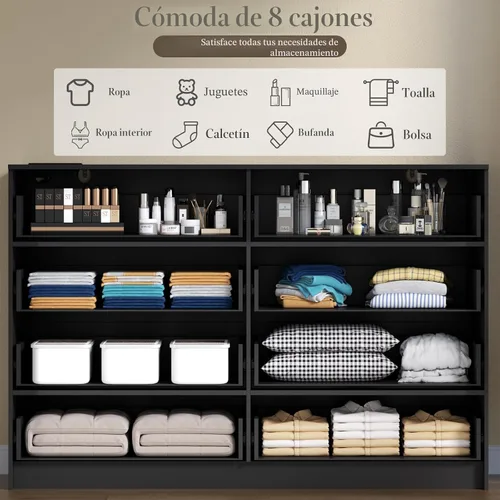 Vista 7 de Cómoda con 8 cajones con estación de carga, cómoda blanca para dormitorio con luces LED, cómoda moderna para armario, organizador de cómodas dobles