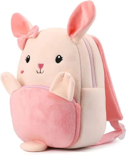 Vista 3 de Mochila pequeña para niños y niñas, linda mochila pequeña de dibujos animados de animales de felpa suave para niños de 2 a 6 años, Bunny-h Rosa