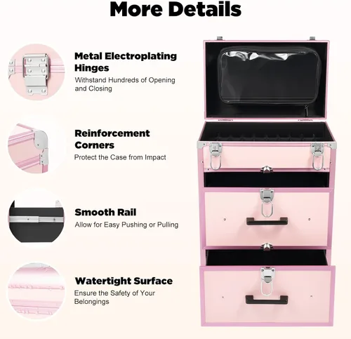 Vista 6 de YIYIBYUS Estuche de maquillaje rodante, 3 capas de carritos cosméticos profesionales grandes con cerraduras, estuche de viaje de maquillaje con Rosa