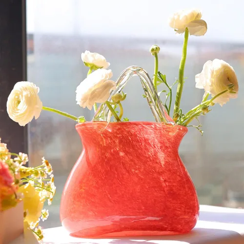 Vista 5 de Jarrón de bolsa, jarrones con asas, monedero, jarrón de vidrio, florero de vidrio, florero de bolsa de vidrio para decoración, morado