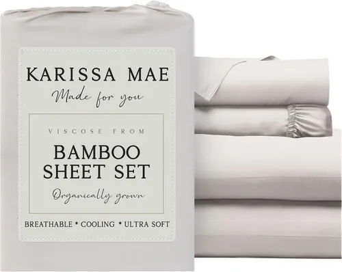 Vista 13 de KARISSA MAE Juego de sábanas de viscosa de bambú de lujo, 100% certificado FSC, refrescante, lujosamente suave, bolsillos profundos de 18 pulgadas