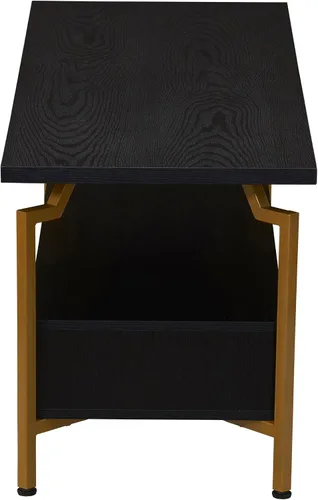 Vista 5 de Household Essentials Crown - Soporte de TV con compartimento de almacenamiento rectangular, grano de madera de roble negro y metal dorado