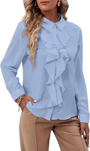 Vista 24 de LYANER - Blusa de manga larga con cuello de botón y volantes en la parte delantera para mujer