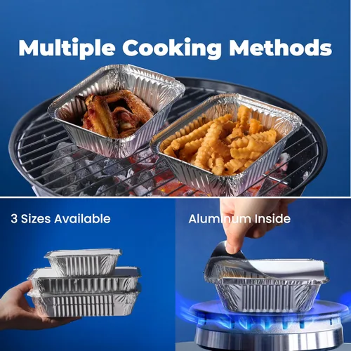 Vista 7 de Fit Meal Prep Paquete de 100 sartenes pequeñas de papel de aluminio de 1 libra con tapas, recipientes desechables para alimentos con tapas