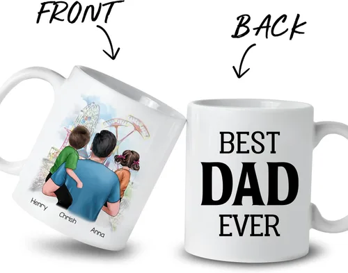 Vista 2 de Gossby Taza personalizada de café para papá, el mejor papá (2 niños en el hombro de papá), regalo personalizado de 11 onzas y 15 onzas para papá, 2