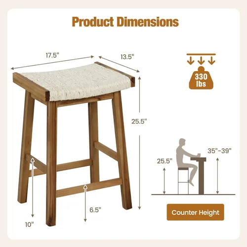 Vista 3 de COSTWAY Juego de 2 taburetes de comedor de 25.5 pulgadas de altura de mostrador con asiento tejido de algas marinas, madera de goma, marco de madera
