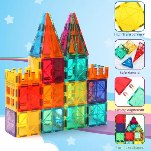 Vista 2 de OugerToy Paquete de 32 Baldosas Magnéticas–Set Constructor Arcoíris, Kit de Construcción STEM de 2.95 pulgadas con Ventanas Transparentes, Amplía