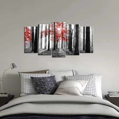Vista 3 de Kalormore 5 piezas de arte para pared, diseño de árbol de la vida, bosque brumoso en blanco y negro, arte sobre lienzo, paisaje, naturaleza