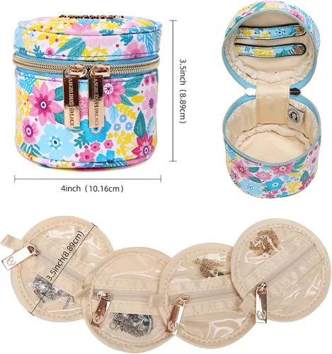 Vista 2 de Angelina's Palace Estuche organizador de joyas redondo Bolsa de viaje Regalos de dama de honor Caja de cuero vegano para collar, aretes, pulsera