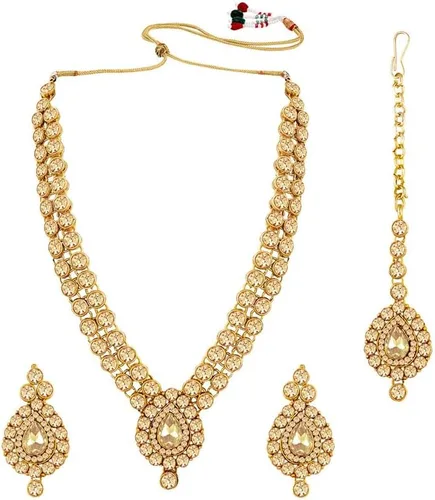 Vista 8 de Aheli Indian Wedding Wear Faux Stone Necklace with Maang Tikka Set Elegant Ethnic Fashion Jewelry For Women (Gold)