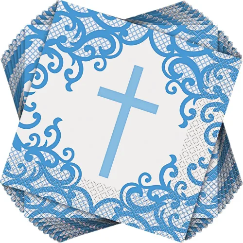 Vista 3 de Unique Fancy Blue Cross - Servilletas de almuerzo para la primera comunión (paquete de 16), elegantes y benditas esenciales para fiestas, perfectas