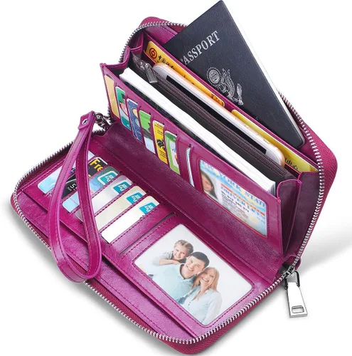 Vista 8 de [Usado] Carteras para mujer con bloqueo RFID de cuero con cremallera alrededor de la cartera de viaje Negro