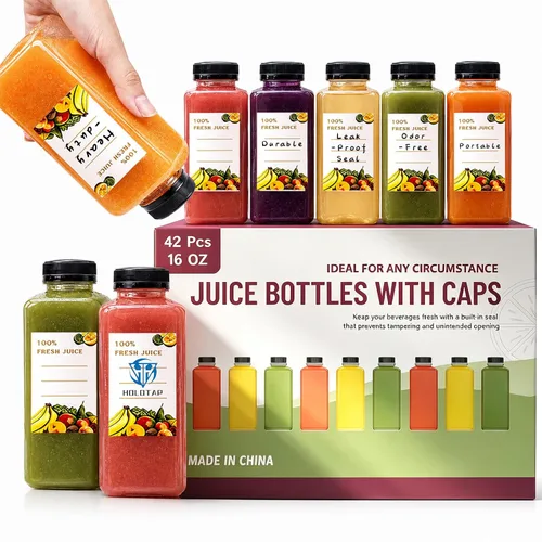 Vista 9 de 48 paquetes de botellas vacías de plástico PET para jugo de 8 oz, botellas transparentes desechables de plástico a granel para líquidos con tapas