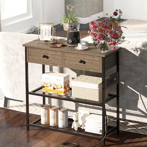 Vista 8 de GIANTEX - Mesa consola industrial con tomacorrientes, mesa de entrada estrecha de 3 niveles Long Sofa Table w/ USB Ports, 2 Storage Drawers, Entry
