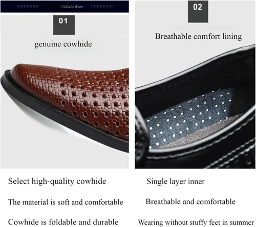 Vista 4 de Zapatos Oxford formales huecos de negocios para hombre, zapatos de cuero genuino transpirables de verano con punta puntiaguda, zapatos de cuero