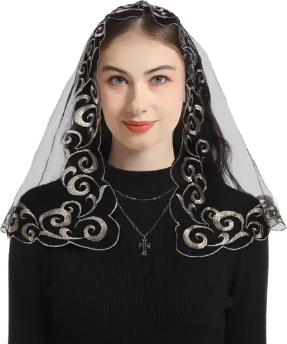 Vista 2 de Bozidol Cubierta triangular para la cabeza de la iglesia, velo de iglesia vintage bordado con cáliz cruzado para mujer