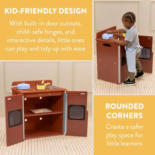Vista 4 de Back2School Express Estufa de cocina para niños – Juego de juguetes de cocina de madera para niños pequeños, juego Montessori con almacenamiento